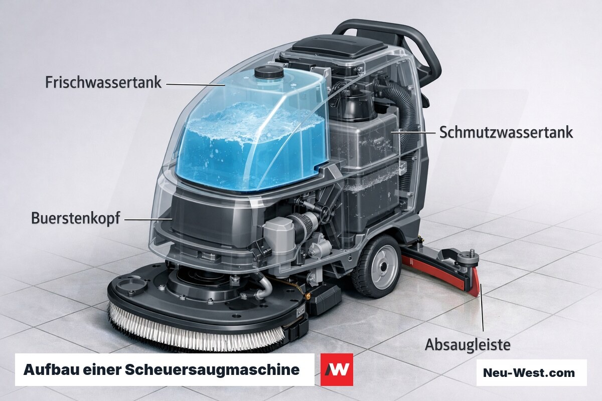 Technischer Querschnitt einer Scheuersaugmaschine mit Bürstenkopf, Frisch- und Schmutzwassertank sowie rückseitiger Absaugleiste.