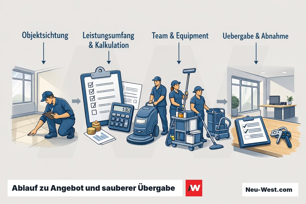Prozess-Illustration der Gebäudereinigung: Objektsichtung, definierter Leistungsumfang, Team mit Equipment und Übergabe mit Abnahmeprotokoll.