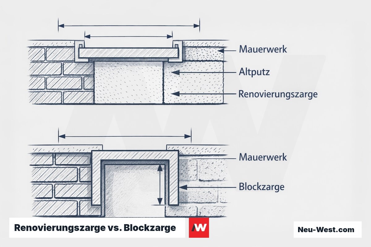 Renovierungszarge vs. Blockzarge: Wandquerschnitt im Vergleich – Erklär-Grafik (NEUWEST Berlin)