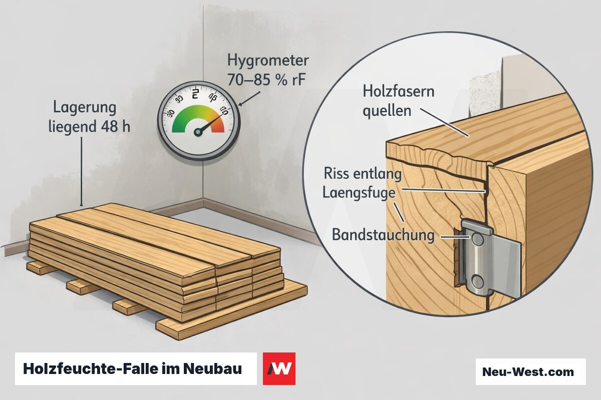 Cutaway-Illustration: liegende Zargenlagerung zur Akklimatisierung im feuchten Neubauraum mit Hygrometer und Querschnitt-Detail von Längsfugenriss und Bandstauchung.
