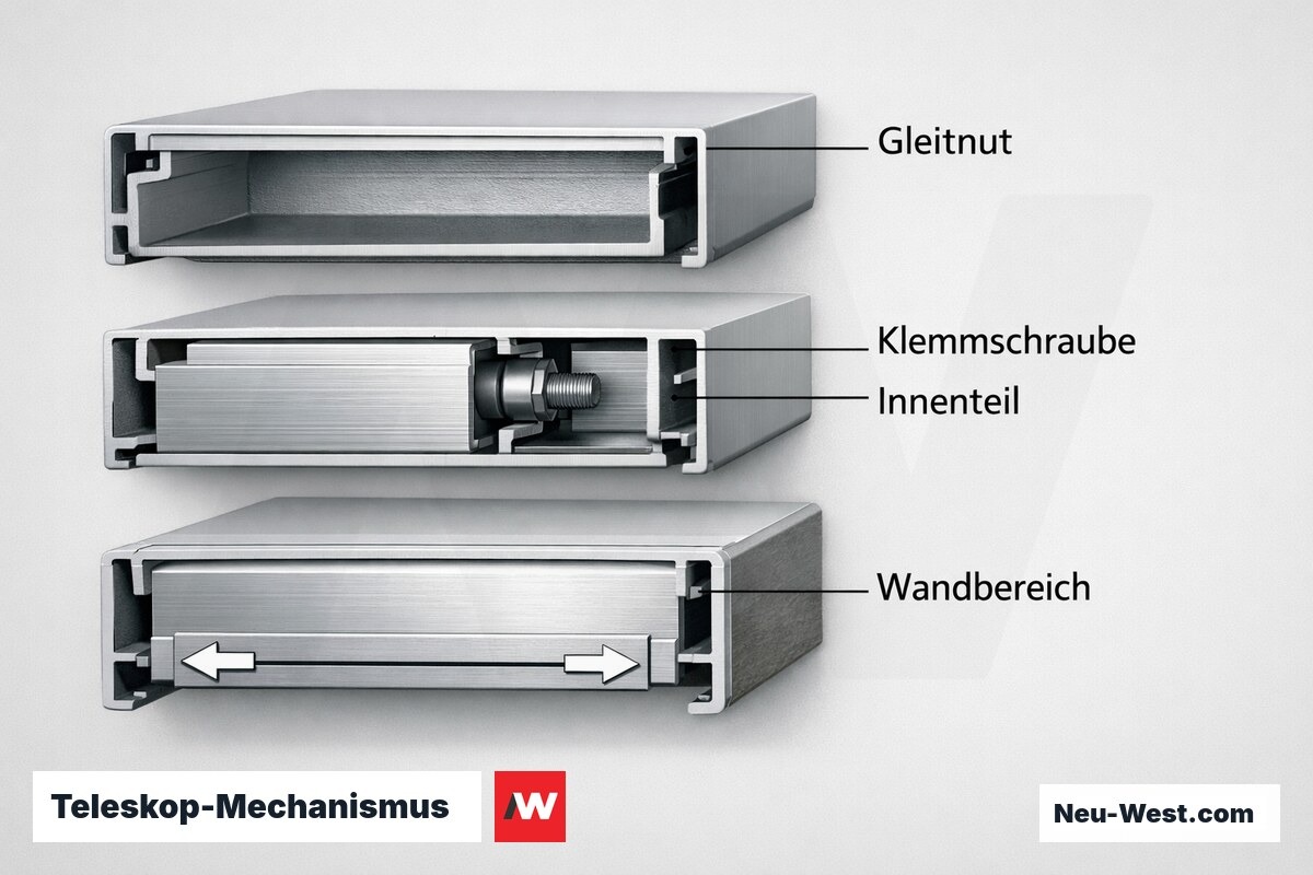 Teleskop-Mechanismus: Stufenlose Wanddickenanpassung (95–175 mm) – Erklär-Grafik (NEUWEST Berlin)