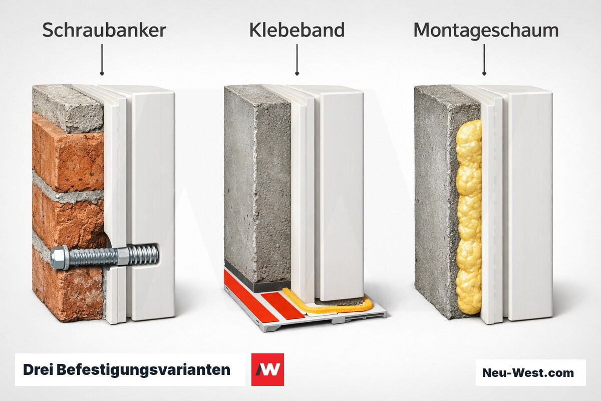 Drei Befestigungsvarianten: Krafteinleitung und Eignung – Erklär-Grafik (NEUWEST Berlin)
