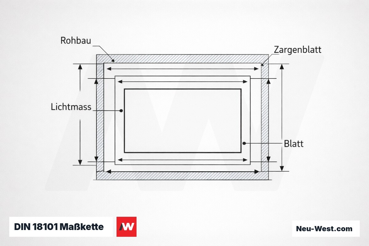 DIN 18101 Maßkette: Rohbauöffnung bis Nennmaß – Erklär-Grafik (NEUWEST Berlin)