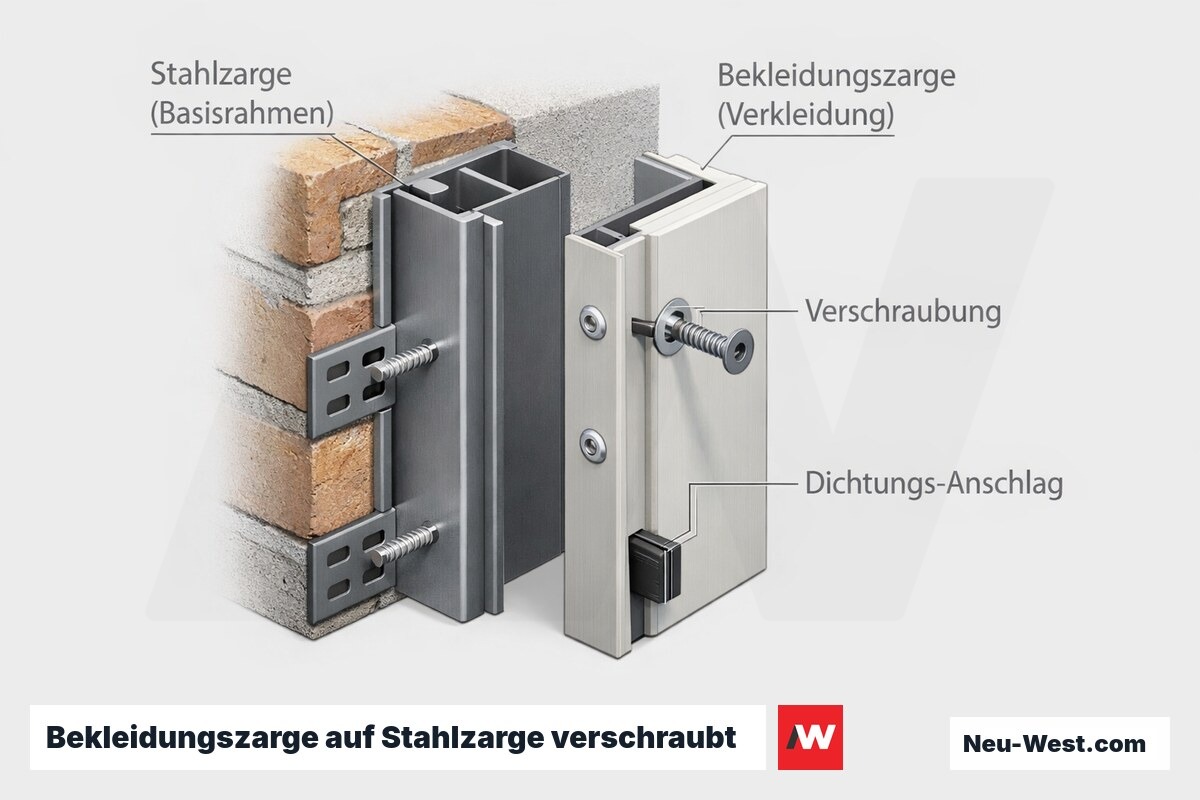 Cutaway-Detail: Bekleidungszarge als Verkleidungsprofil wird auf einen vorhandenen, in der Wand verankerten Stahlzargen-Basisrahmen verschraubt.