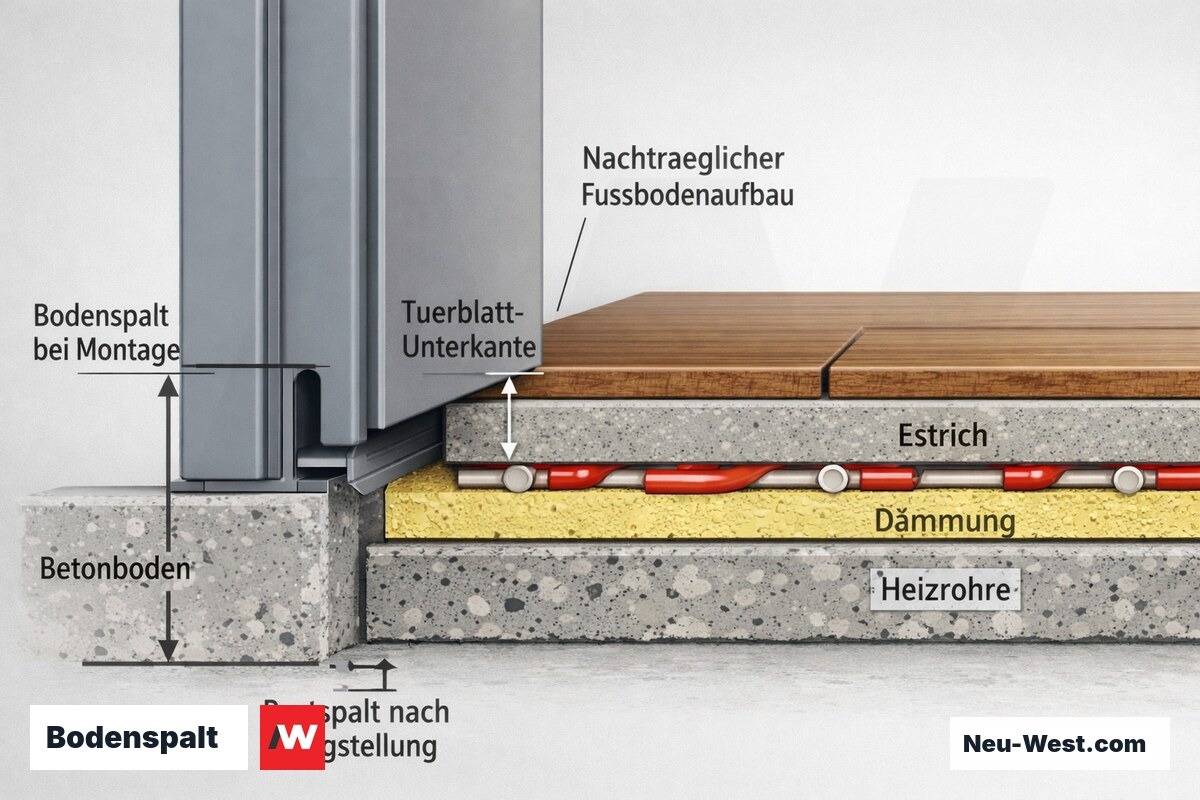 Querschnitt einer Zarge am Boden: ursprünglicher Bodenspalt bei Zargenbestellung gegenüber kleinerem Restspalt nach nachträglichem Fußbodenaufbau mit Heizung.