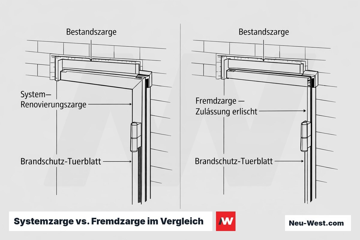 Querschnitt-Vergleich einer Brandschutztür: passende System-Renovierungszarge des Türherstellers gegenüber Fremdzarge, bei der die Zulassung erlischt.