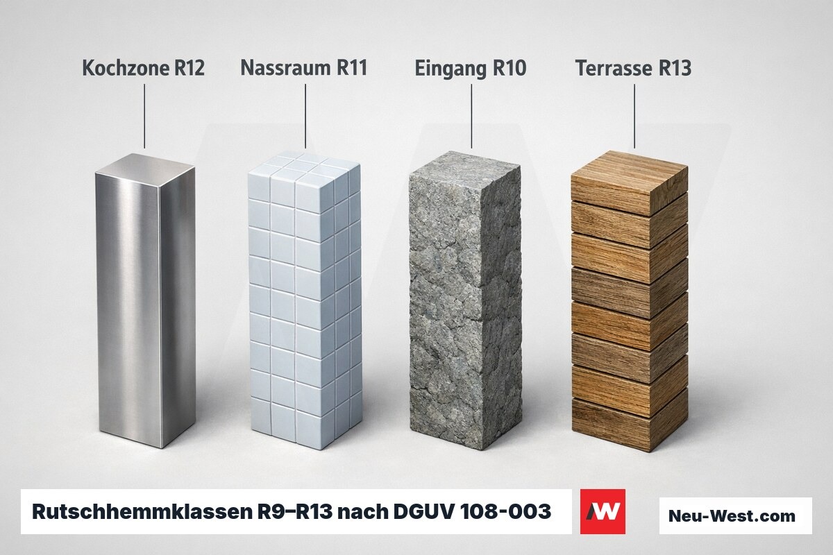 Rutschhemmklassen R9–R13 nach DGUV 108-003: Zonen und Mindestklassen – Erklär-Grafik (NEUWEST Berlin)