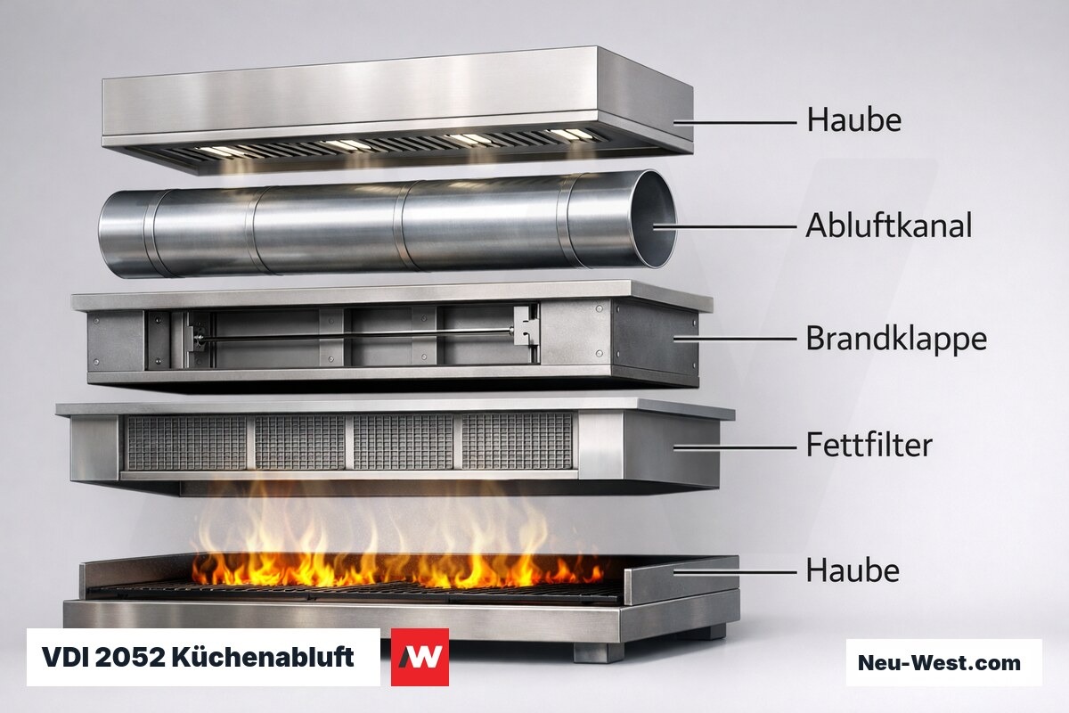 VDI 2052 Küchenabluft: Schichtaufbau der Abluftanlage – Erklär-Grafik (NEUWEST Berlin)