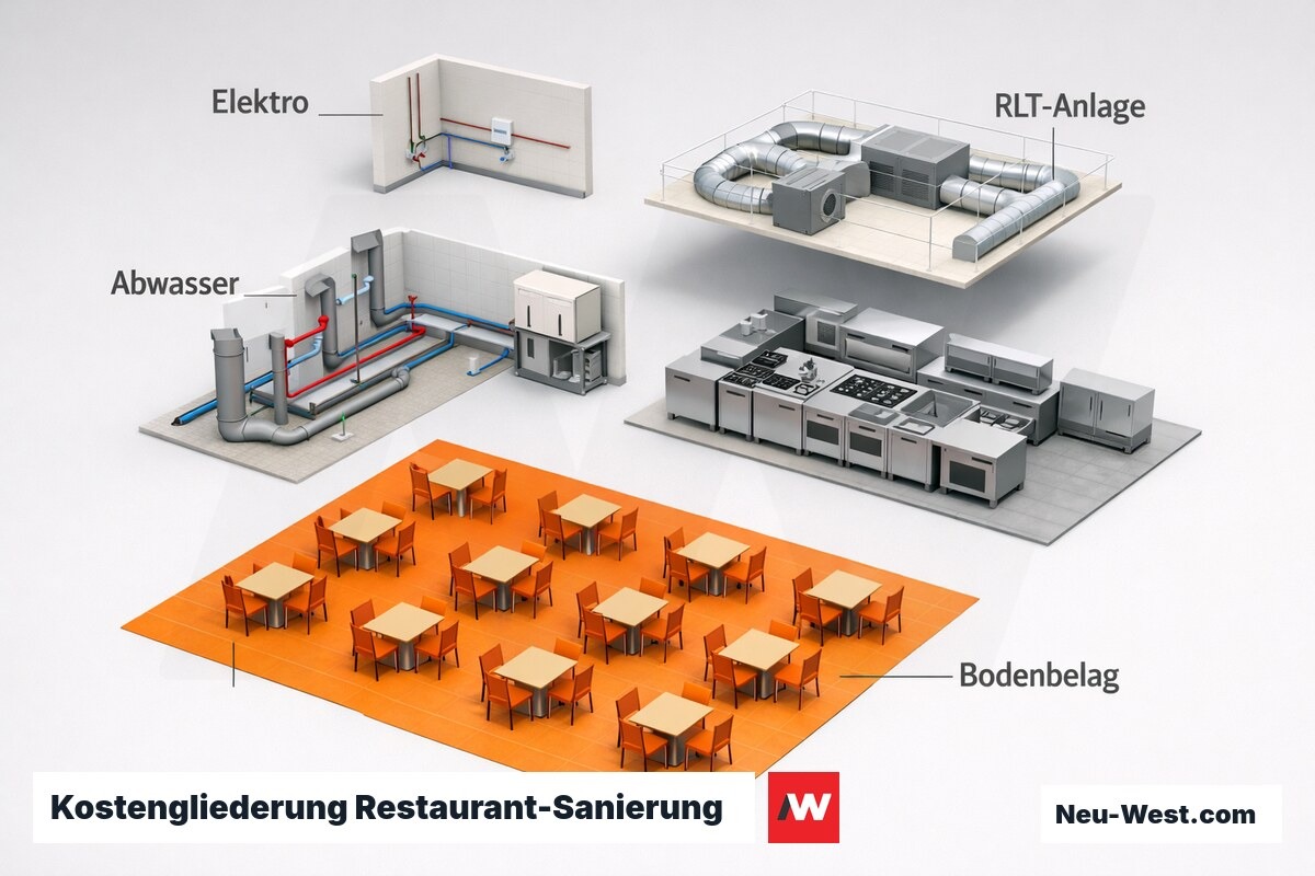 Kostengliederung Restaurant-Sanierung: Gewerke und Kostenanteile – Erklär-Grafik (NEUWEST Berlin)