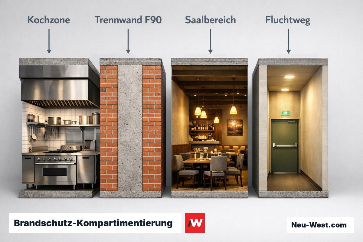 Brandschutz-Kompartimentierung im Restaurant nach MVStättV – Erklär-Grafik (NEUWEST Berlin)