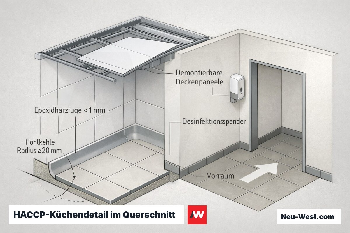 Querschnitt einer HACCP-konformen Küche: Hohlkehle am Wand-Boden-Übergang, dünne Epoxidfuge, demontierbare Decke und Sanitärschleuse mit Desinfektionsspender.