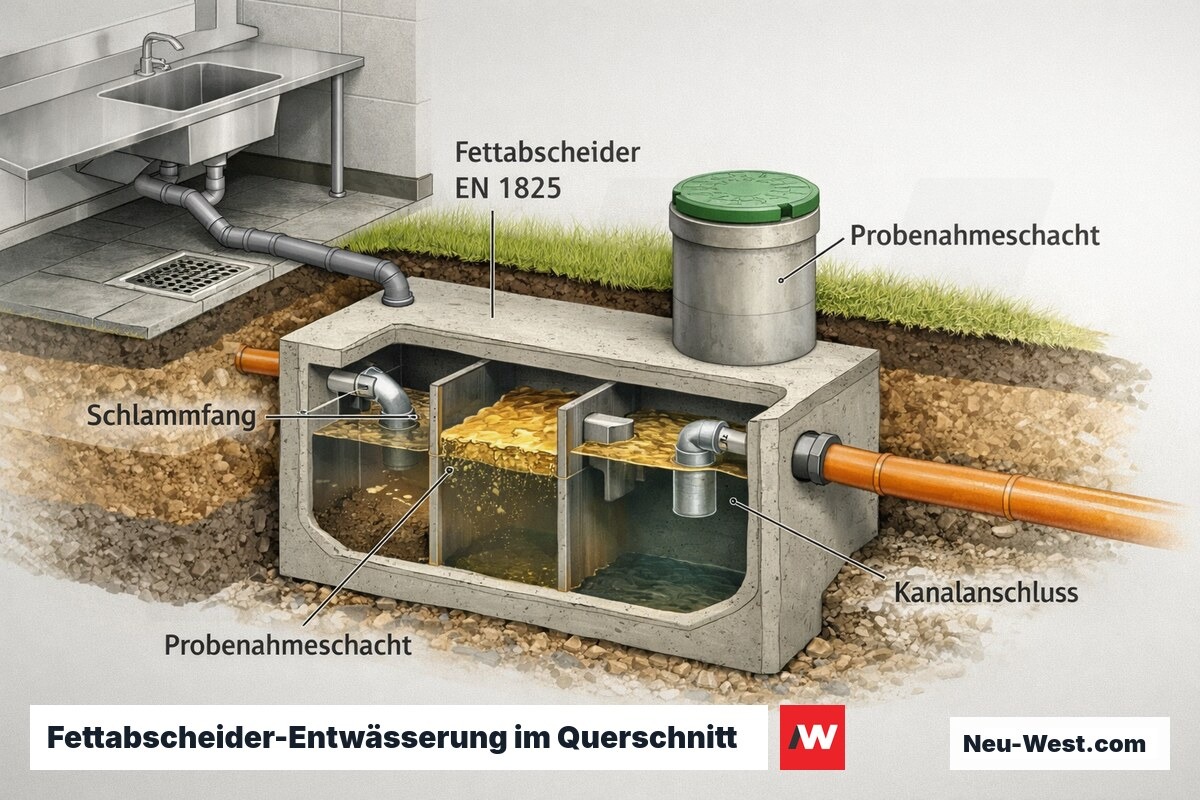 Querschnitt der Restaurant-Küchenentwässerung mit Fettabscheider nach EN 1825, Schlammfang, Probenahmeschacht und Kanalanschluss zur Wasserbehörde-Anzeige.