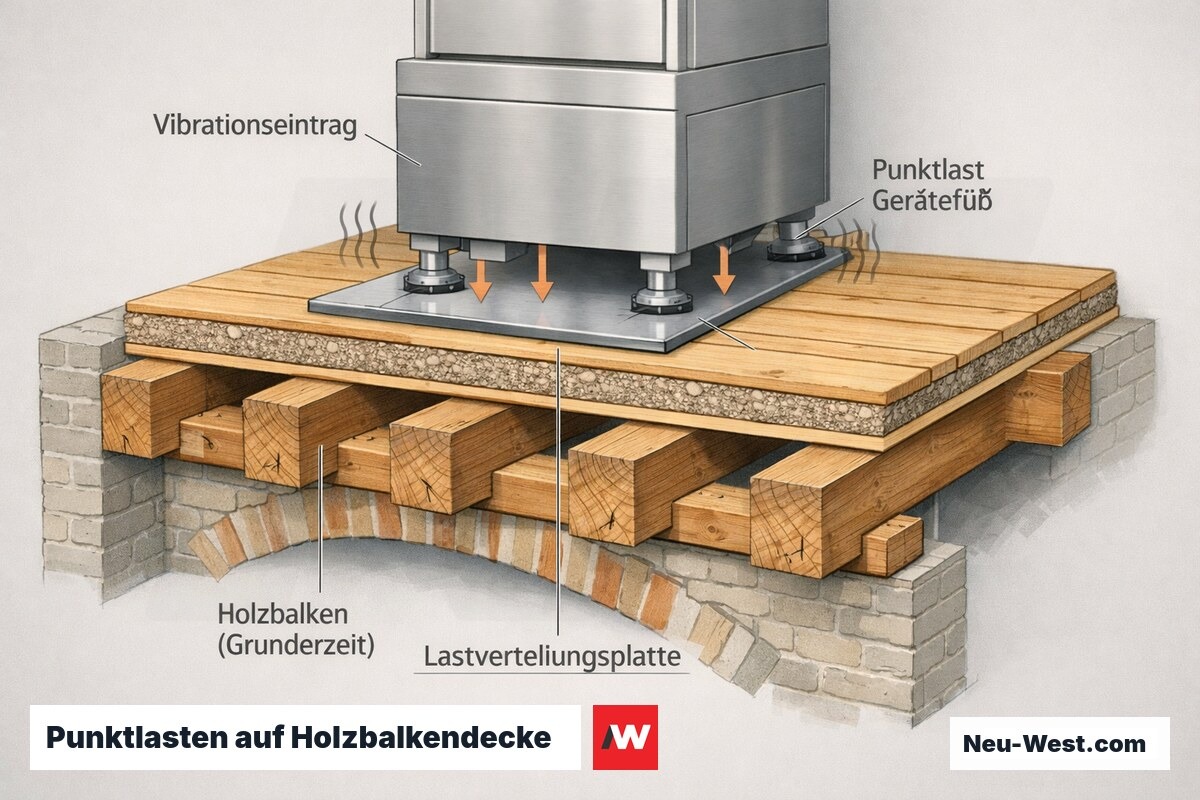 Querschnitt einer Gründerzeit-Holzbalkendecke mit Großgerät, das Punktlasten über Lastverteilungsplatte auf die Holzbalken überträgt.