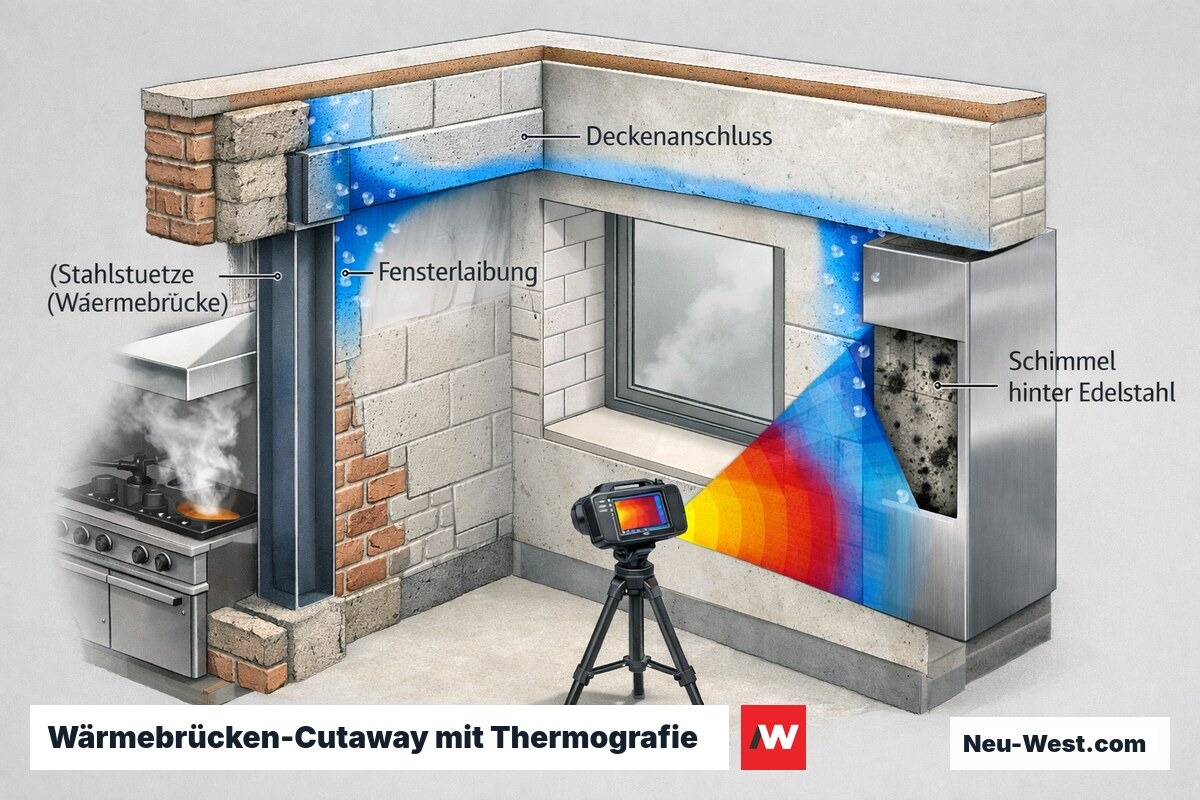 Wandquerschnitt einer Restaurantküche: Wärmebrücken an Stahlstütze, Fensterlaibung und Deckenanschluss mit Kondensat und verstecktem Schimmel, aufgedeckt per Thermografie.