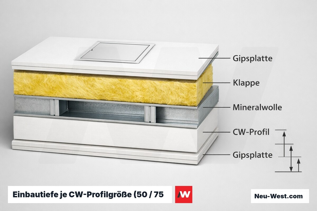 Einbautiefe je CW-Profilgröße (50 / 75 / 100 mm) – Erklär-Grafik (NEUWEST Berlin)