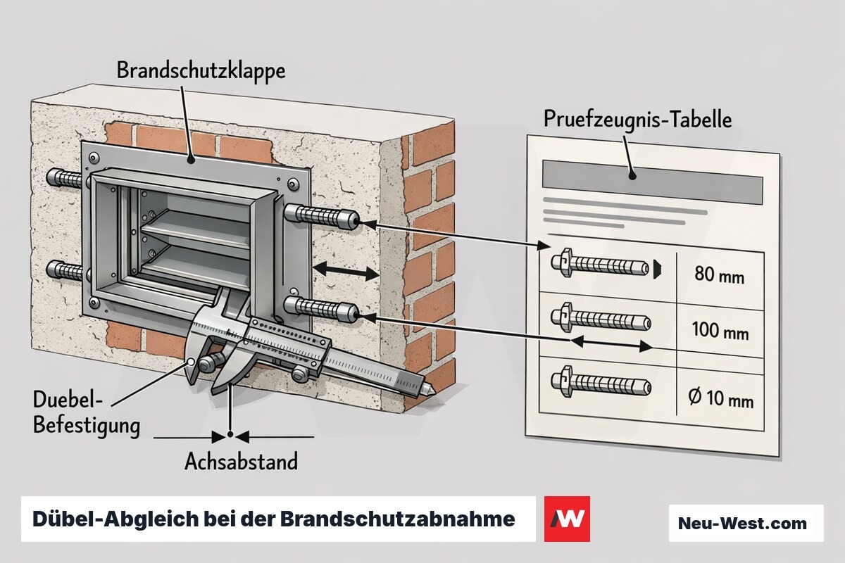 Cutaway einer in Mauerwerk eingebauten Brandschutzklappe mit Dübeln, deren Länge und Achsabstand gegen die Prüfzeugnis-Tabelle abgeglichen werden.