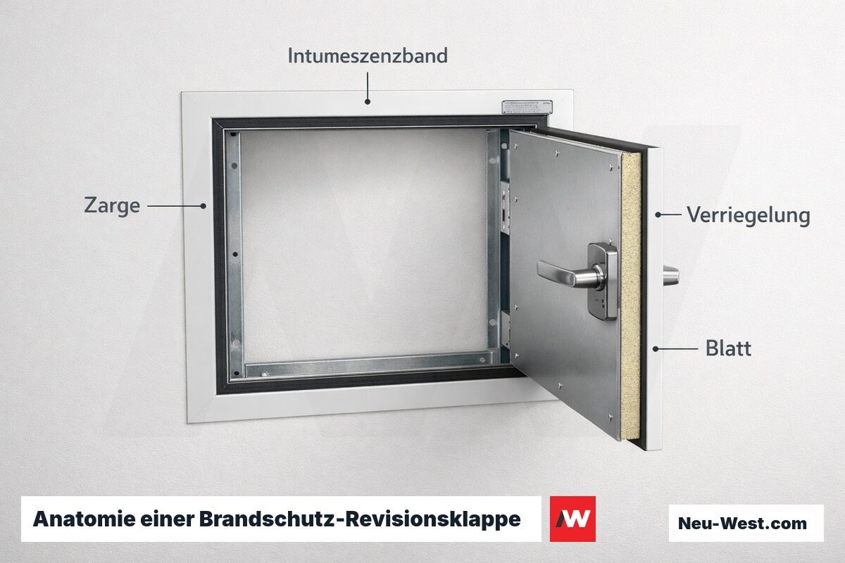 Anatomie einer Brandschutz-Revisionsklappe (EI 30 / EI 60) – Erklär-Grafik (NEUWEST Berlin)
