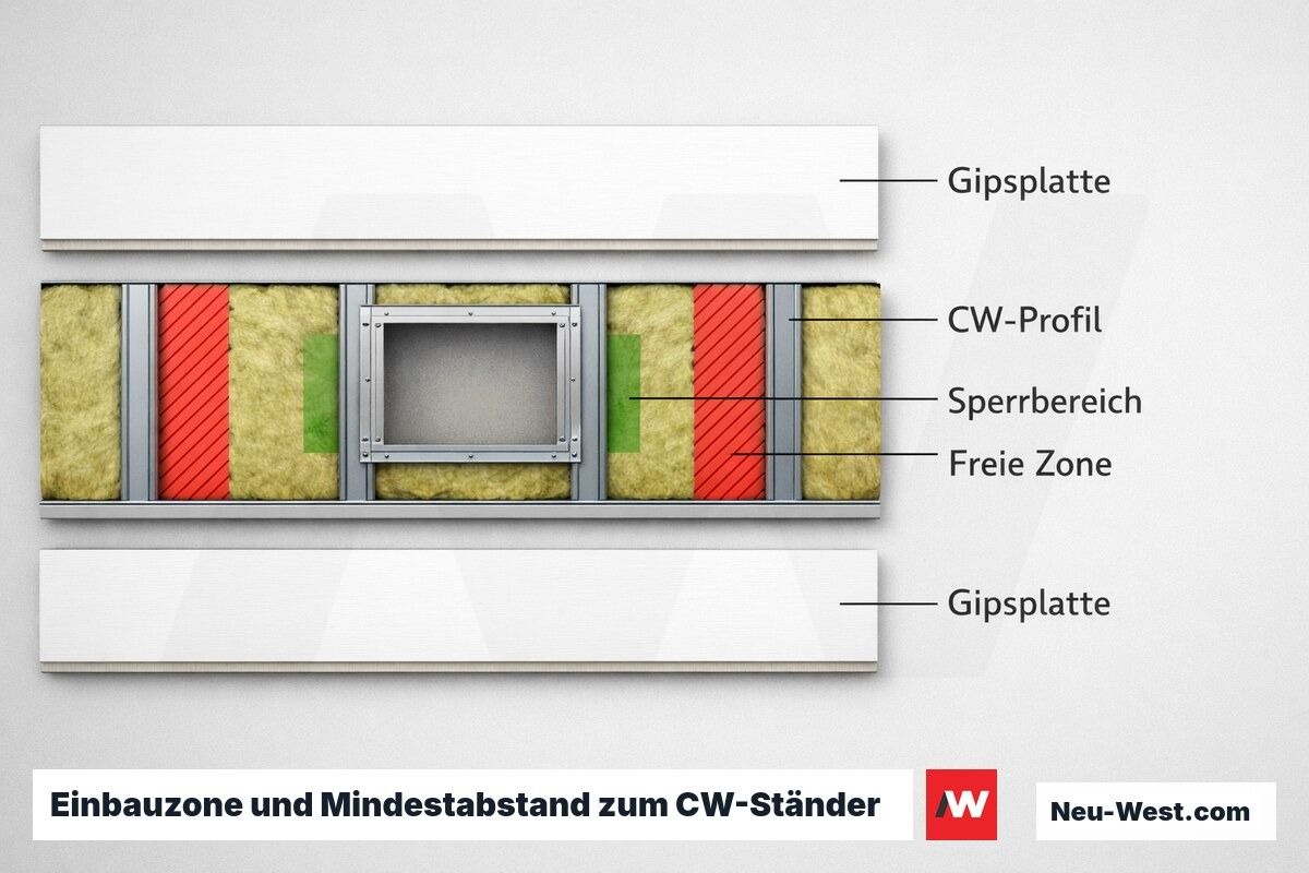 Einbauzone und Mindestabstand zum CW-Ständer – Erklär-Grafik (NEUWEST Berlin)