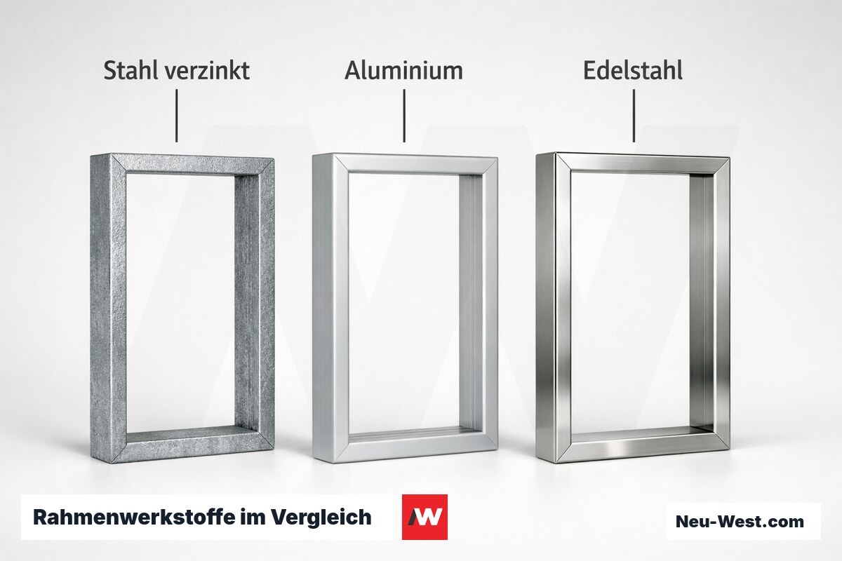 Rahmenwerkstoffe im Vergleich: Stahl, Aluminium, Edelstahl – Erklär-Grafik (NEUWEST Berlin)