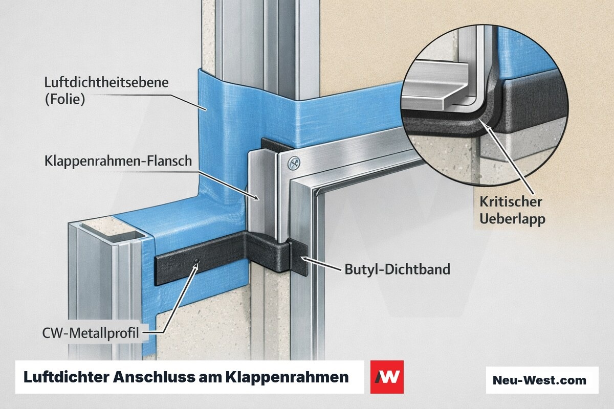 Querschnitt eines Revisionsklappen-Rahmens mit überlappender Luftdichtheitsfolie, Butyl-Dichtband und markierter Schwachstelle am Flansch-Überlapp.