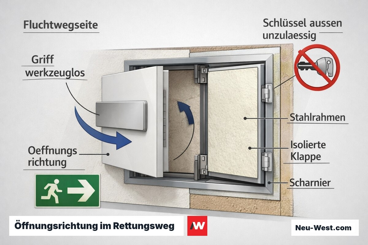 Schnittzeichnung einer Brandschutzklappe im Rettungsweg: werkzeuglose Öffnung zur Fluchtwegseite, Schlüsselbetätigung außen als unzulässig markiert.