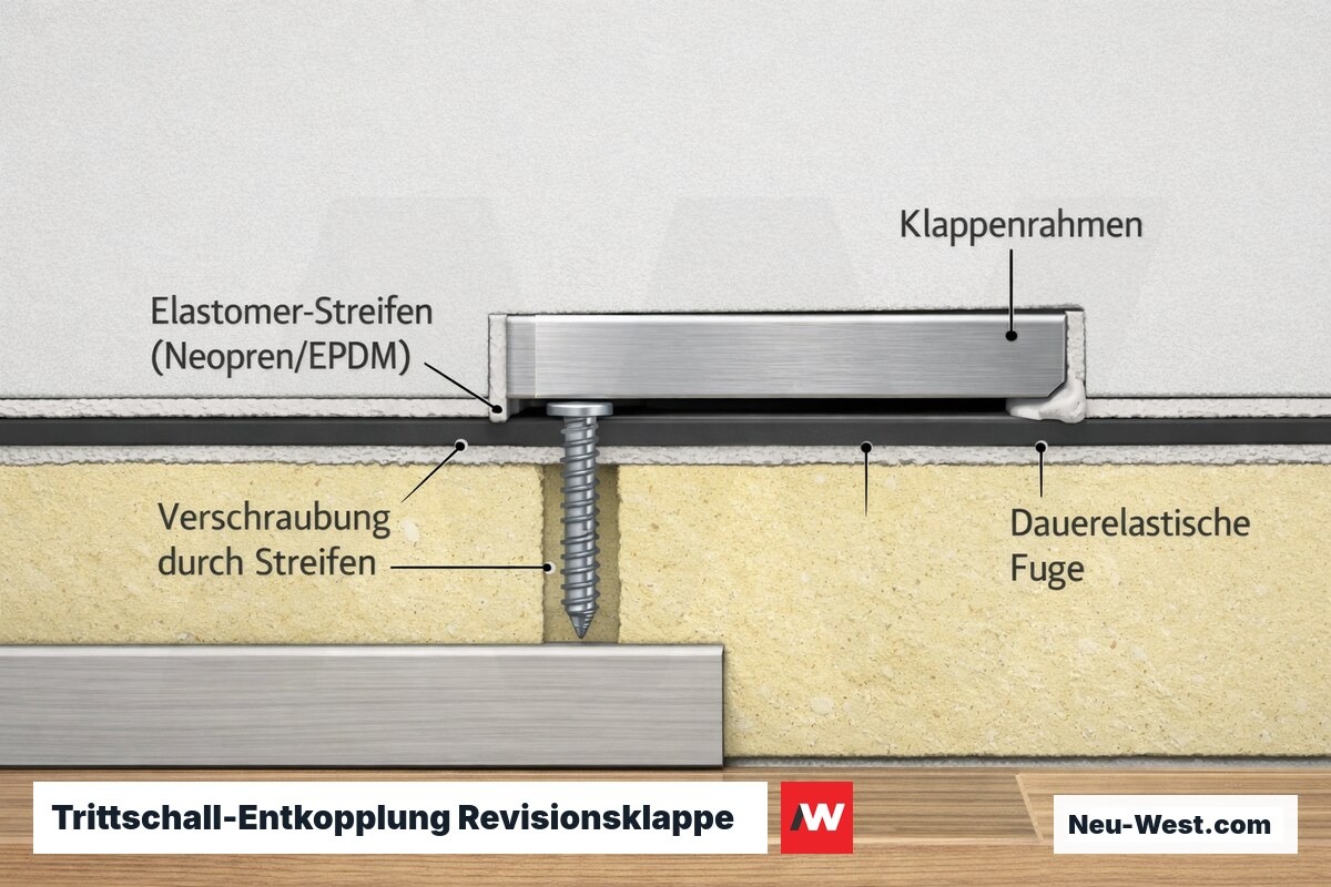 Querschnitt einer bodennahen Revisionsklappe mit Elastomer-Streifen unter dem Rahmen, Verschraubung durch den Streifen und dauerelastischer Fuge zur Wand.