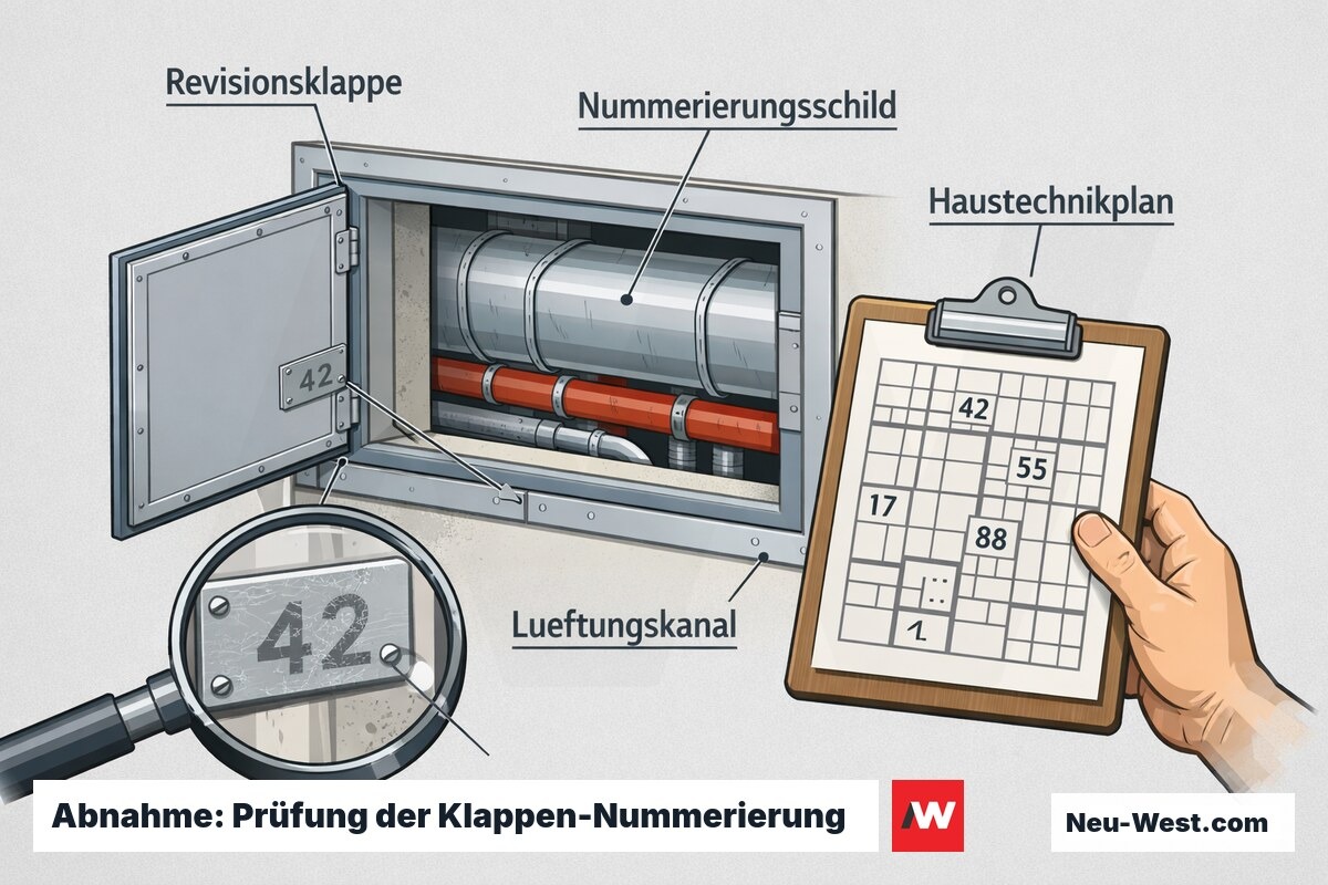 Erklär-Grafik zur Abnahme: geöffnete Revisionsklappe mit Nummernschild, Abgleich mit Haustechnikplan und Prüflupe auf unleserlicher Nummer.