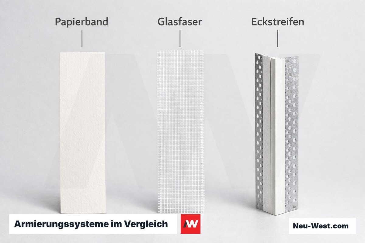Armierungssysteme im Vergleich: Papierband, Glasfaser, Eckstreifen – Erklär-Grafik (NEUWEST Berlin)