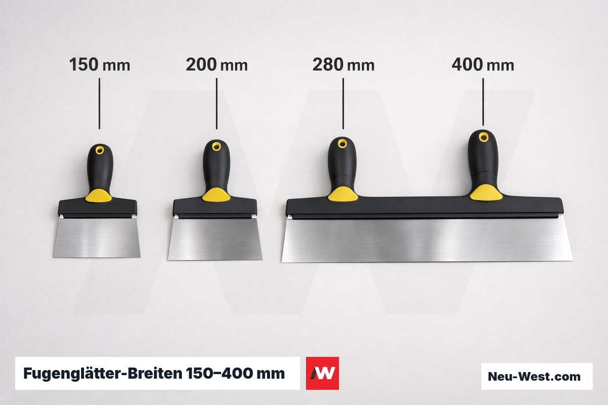 Fugenglätter-Breiten 150–400 mm und Einfluss auf Übergangslänge – Erklär-Grafik (NEUWEST Berlin)