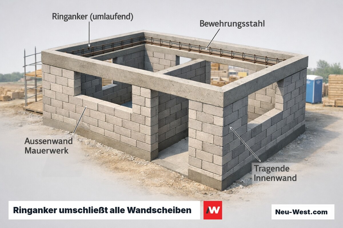 3D-Schnitt eines Mauerwerksgebäudes mit sichtbarem umlaufendem Ringanker aus Stahlbeton im Wandkopfbereich