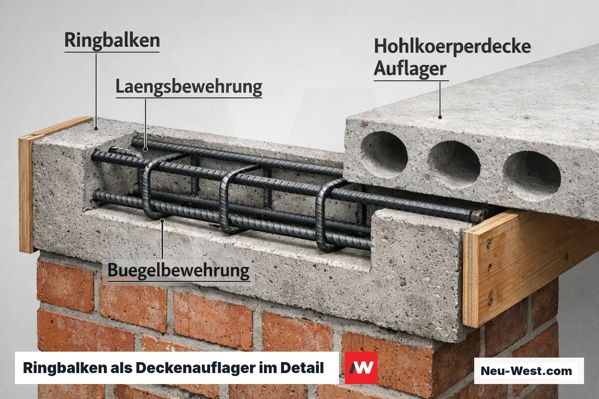 Detailschnitt eines Ringbalkens mit Stahlbewehrung und aufliegender Hohlkörperdecke auf Mauerwerk