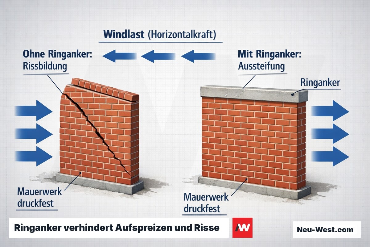 Vergleich Mauerwerk ohne und mit Ringanker unter Windlast: links Rissbildung, rechts stabile Aussteifung