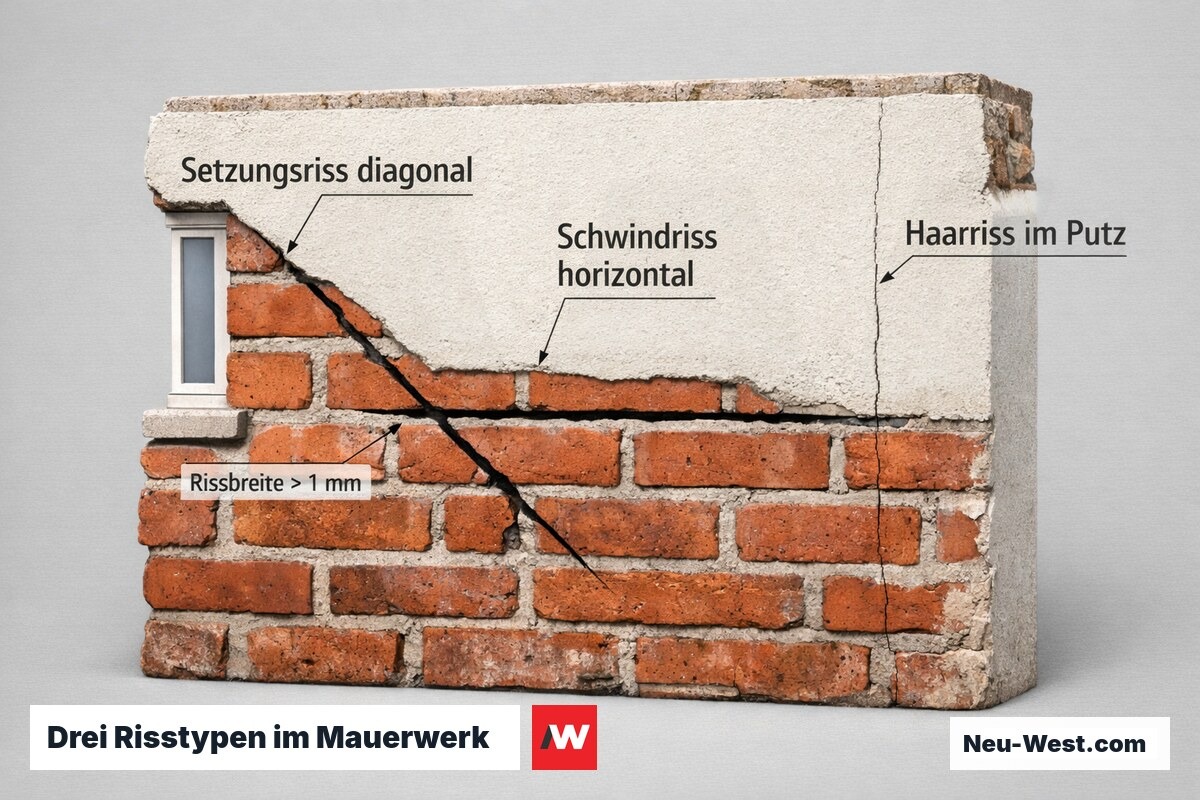 Querschnitt eines Ziegelmauerwerks mit drei verschiedenen Risstypen: diagonal, horizontal und Haarriss im Putz.