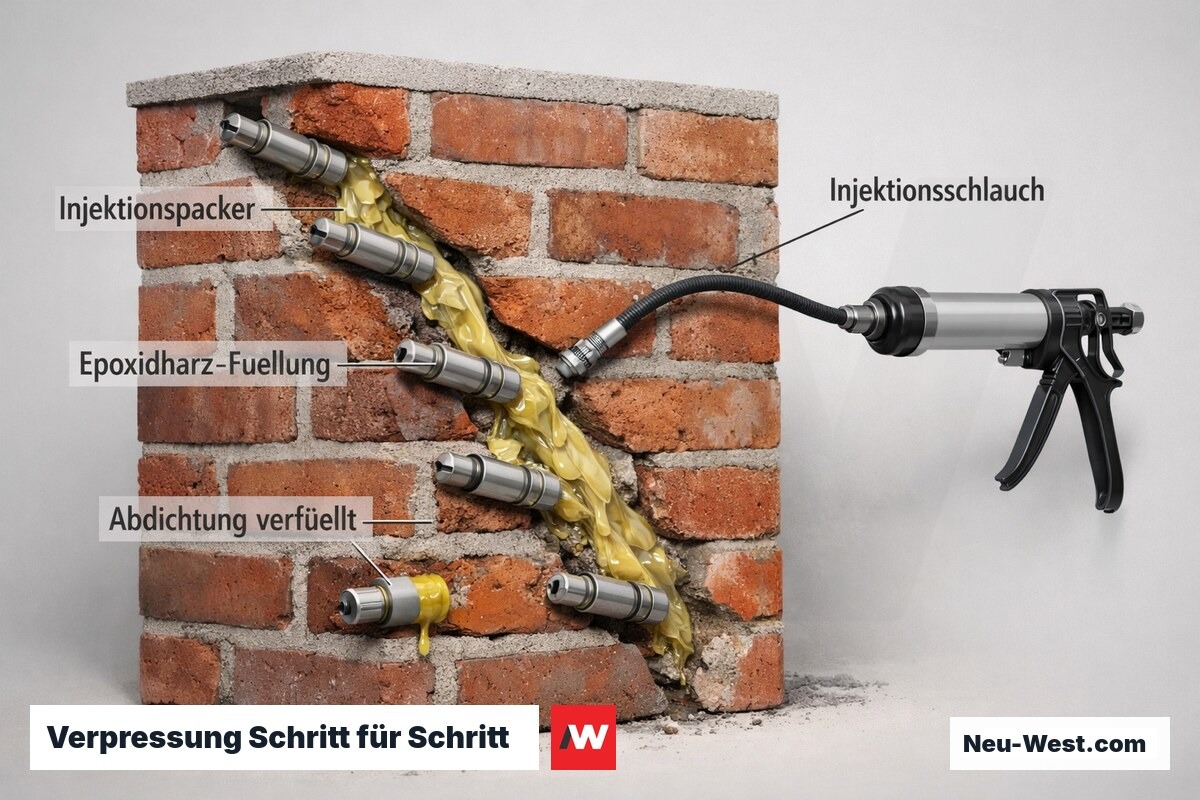 Querschnitt zeigt Injektionspacker und Harzfüllung eines Mauerwerksrisses beim Verpressverfahren.