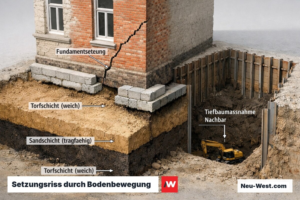 Fundamentquerschnitt zeigt Differenzsetzung auf Torfboden durch Nachbar-Tiefbau als Ursache diagonaler Mauerwerksrisse.