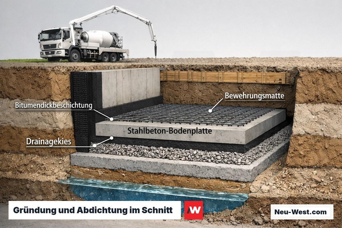 Querschnitt eines Rohbaus zeigt Bodenplatte, Abdichtung und Drainageschichten im Erdreich