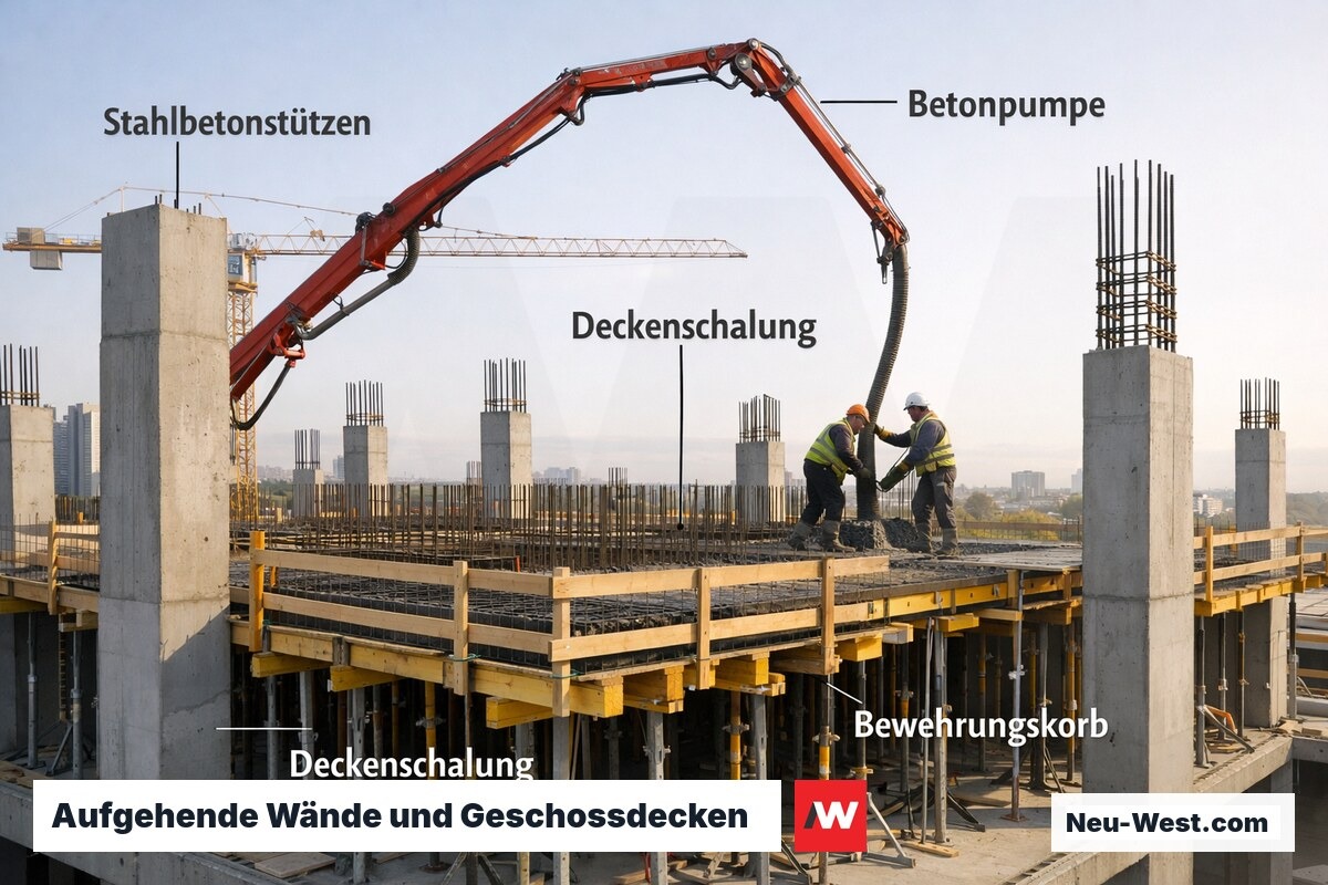 Rohbau mit Stahlbetonstützen, Deckenschalung und Betonpumpe auf mehrstöckiger Baustelle in Berlin