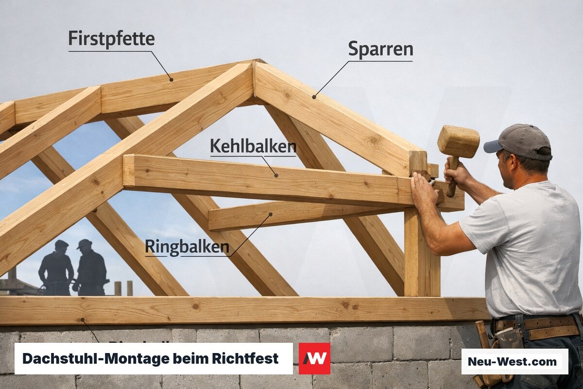 Zimmerleute montieren traditionellen Holzdachstuhl aus Sparren und Pfetten auf Ringbalken beim Richtfest