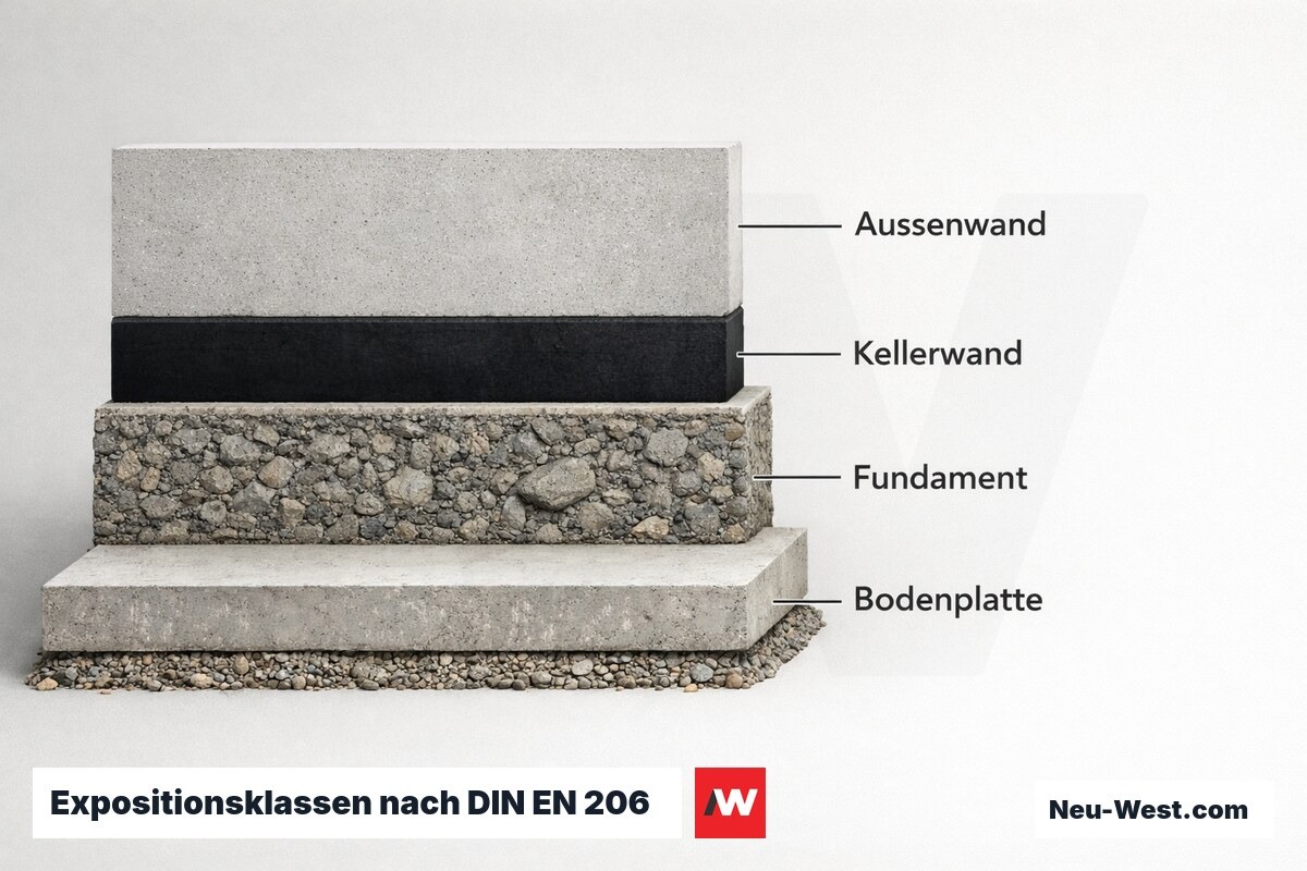 Expositionsklassen nach DIN EN 206 — Betonqualität je Bauteilzone – Erklär-Grafik (NEUWEST Berlin)