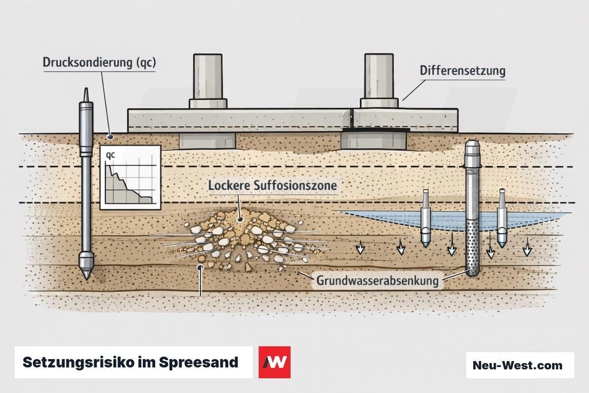 Baugrund-Querschnitt: Fundament im Berliner Sand mit Drucksondierung, Grundwasserabsenkung, Suffosionszone und Differenzsetzung zwischen zwei Gründungsteilen.