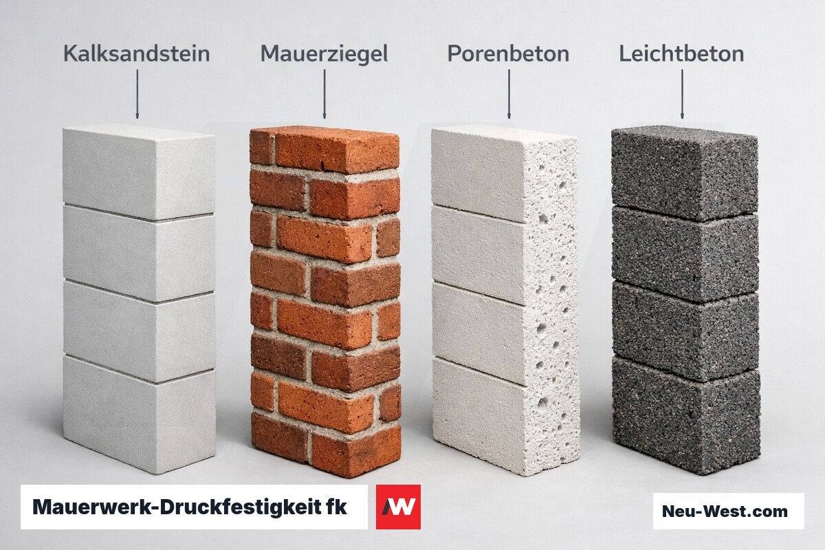 Mauerwerk-Druckfestigkeit fk: Steinart und Mörtelgruppe nach Eurocode 6 – Erklär-Grafik (NEUWEST Berlin)