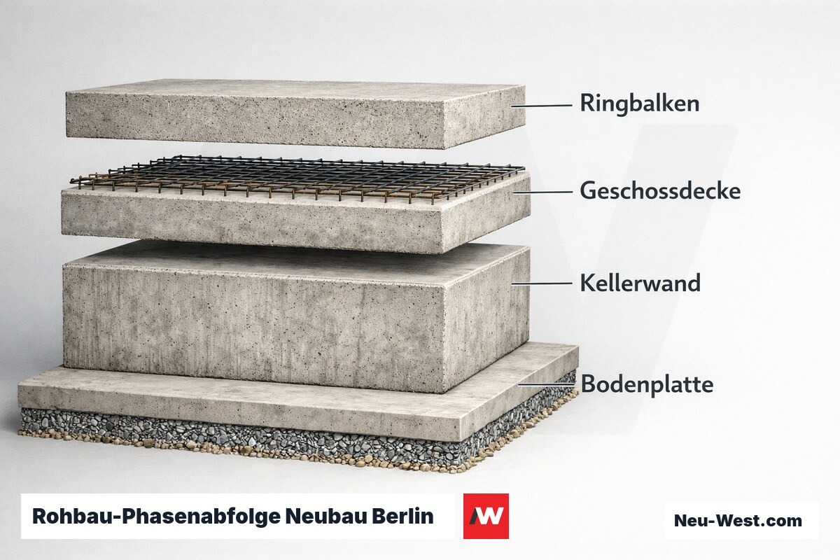 Rohbau-Phasenabfolge Neubau Berlin — Abhängigkeiten und Pufferzeiten – Erklär-Grafik (NEUWEST Berlin)
