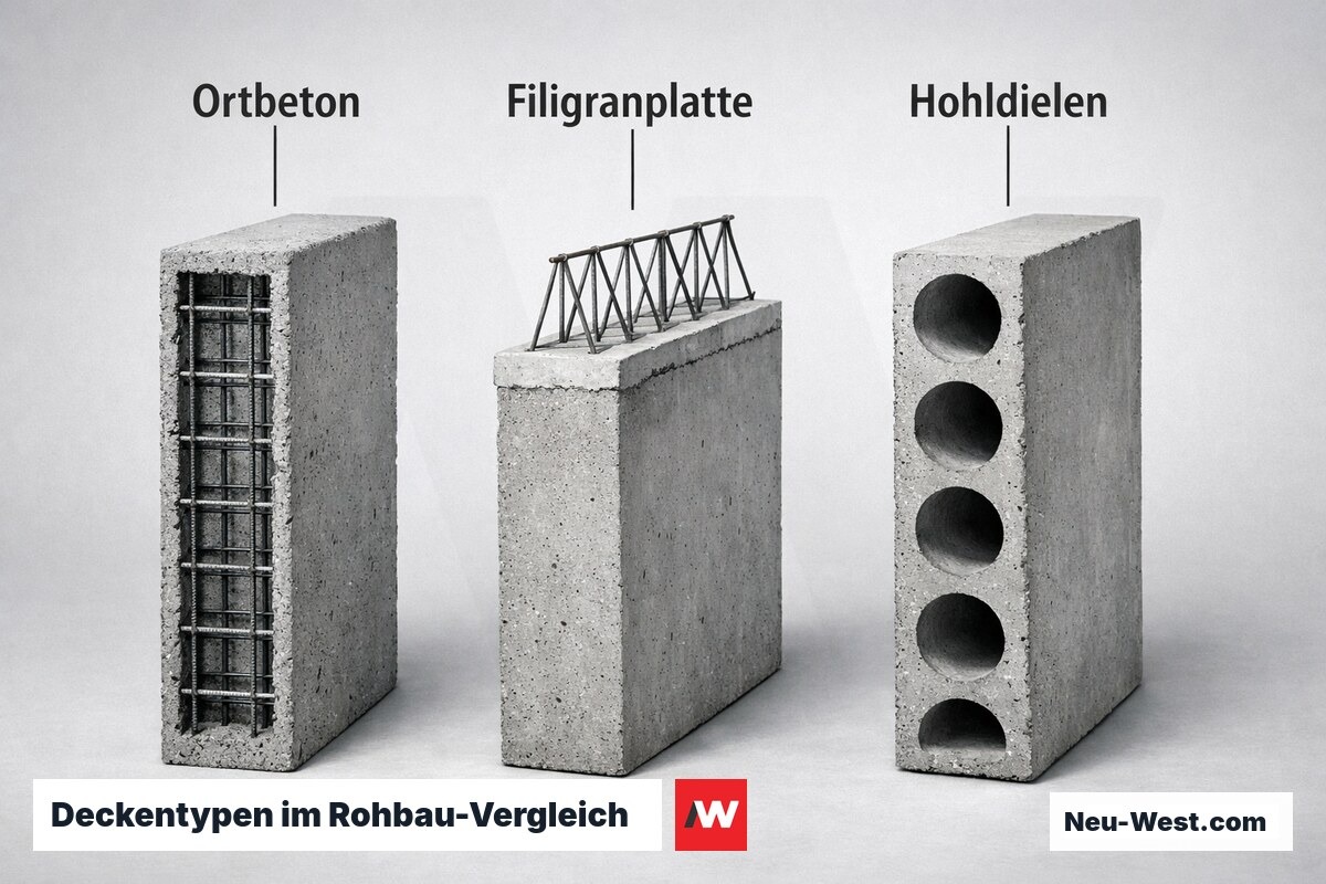Deckentypen im Rohbau-Vergleich: Spannweite, Eigengewicht, Schallschutz – Erklär-Grafik (NEUWEST Berlin)