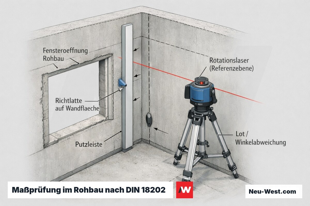 Cutaway-Erklärgrafik einer Rohbau-Ecke mit Richtlatte, Rotationslaser und Lot zur Maß- und Winkelprüfung nach DIN 18202.