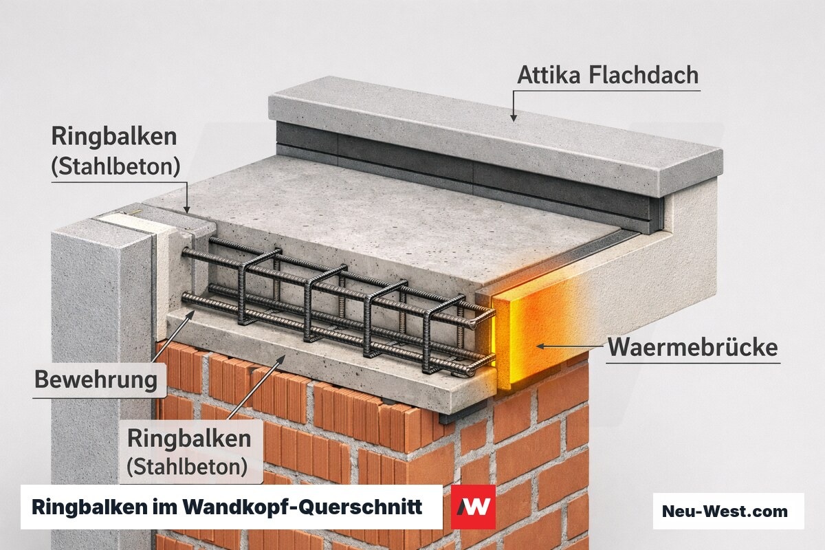 Querschnitt eines Berliner Flachdachgebäudes: Stahlbeton-Ringbalken auf Mauerwerk mit Bewehrung, Attika und linienförmiger Wärmebrücke zur Außenwand.