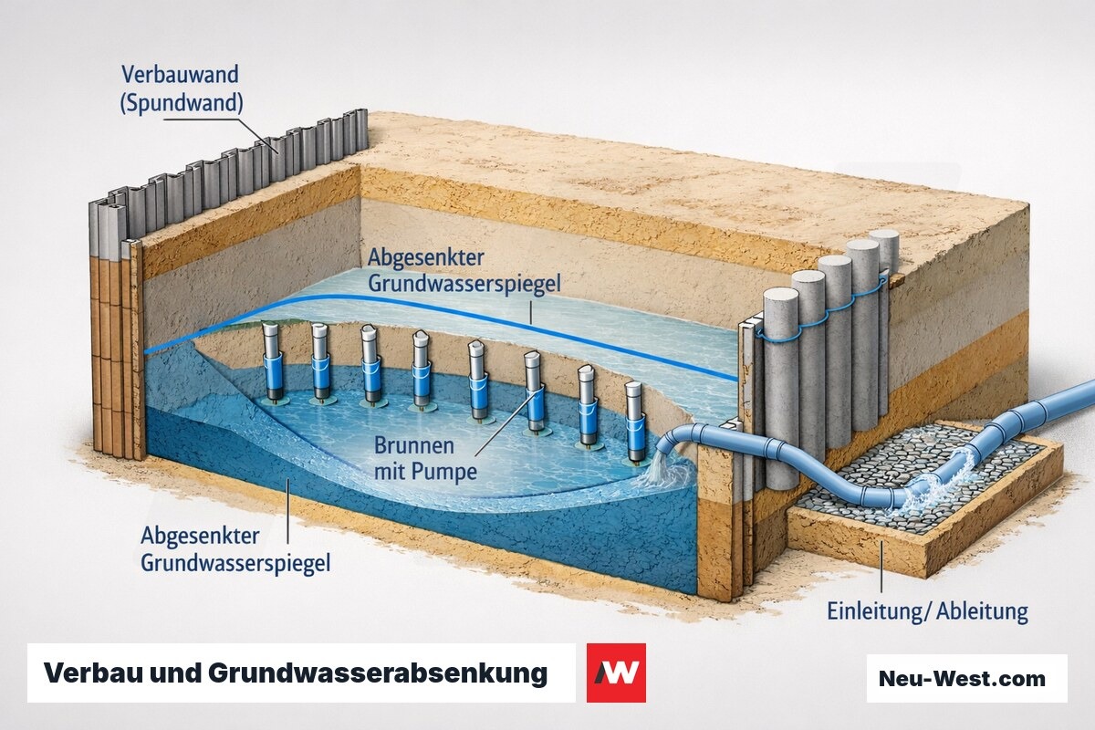 Querschnitt einer Berliner Baugrube mit Verbauwand, Brunnen mit Pumpen, abgesenktem Grundwasserspiegel und Wasserableitung.