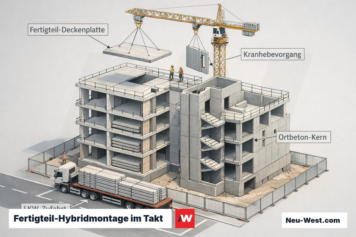 Cutaway eines Berliner Wohnbaus: Kran hebt Fertigteil-Deckenplatten auf Ortbeton-Kern, LKW liefert Elemente ueber Zufahrtsspur.
