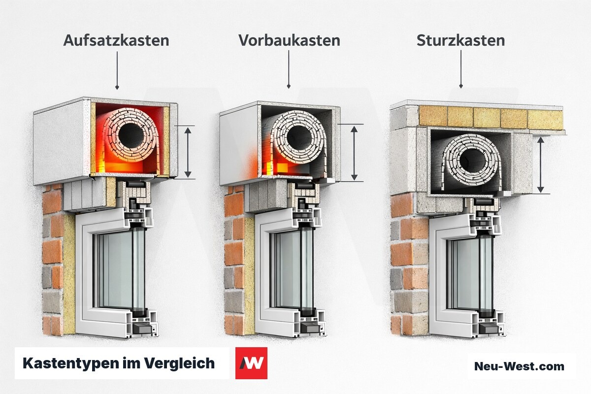 Kastentypen im Vergleich: Einbautiefe und Wärmebrücke – Erklär-Grafik (NEUWEST Berlin)