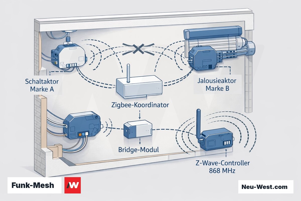 Schema eines Funk-Smart-Home-Mesh mit Zigbee-Koordinator, Schalt- und Jalousieaktor verschiedener Hersteller sowie Z-Wave-Controller und unterbrochenem Steuerpfad.