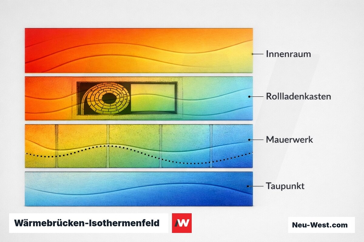 Wärmebrücken-Isothermenfeld am Rollladenkasten – Erklär-Grafik (NEUWEST Berlin)